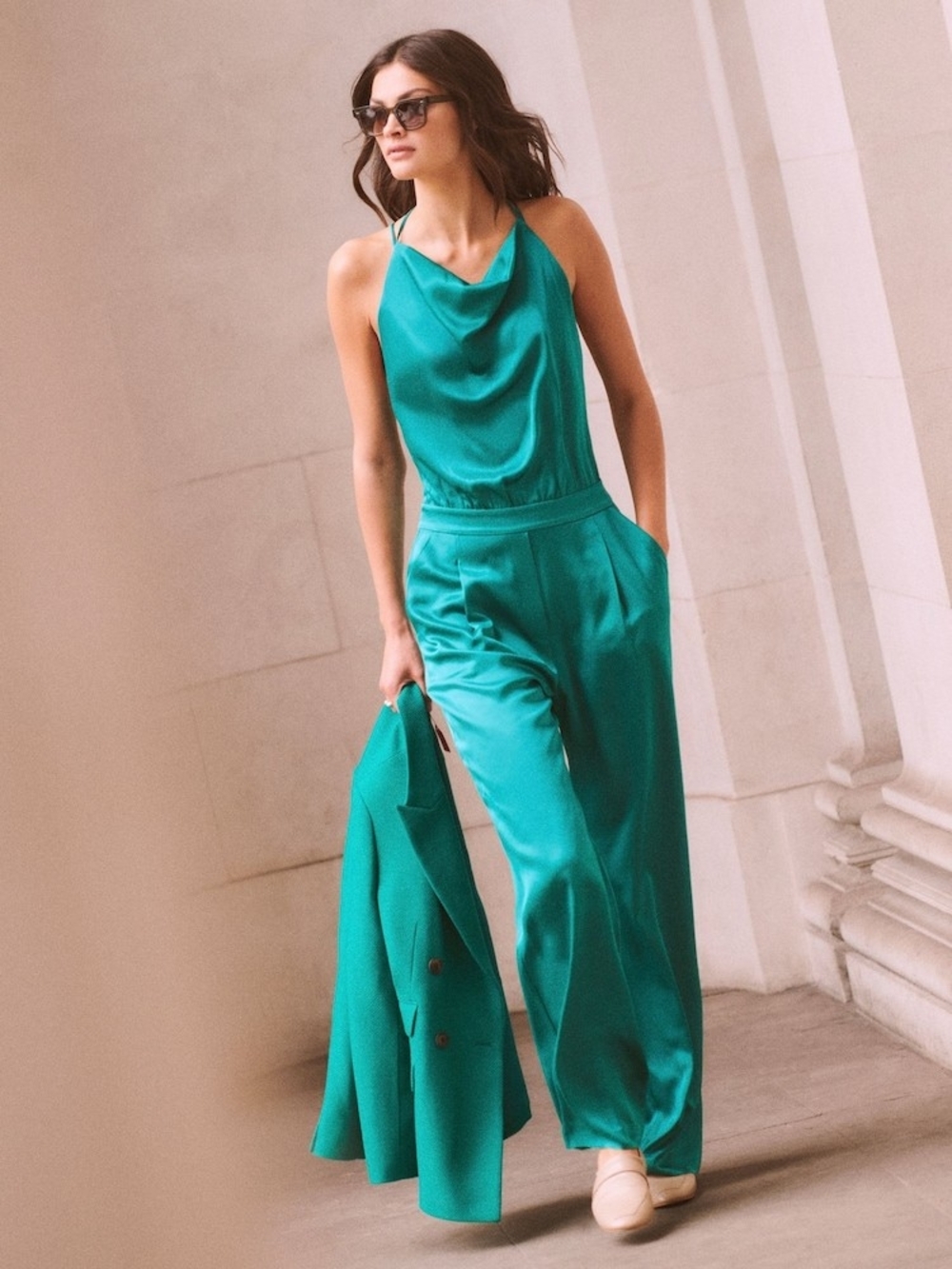 Reiss MaliaTeal Satin Cowl Neck Jumpsuit Sz 10